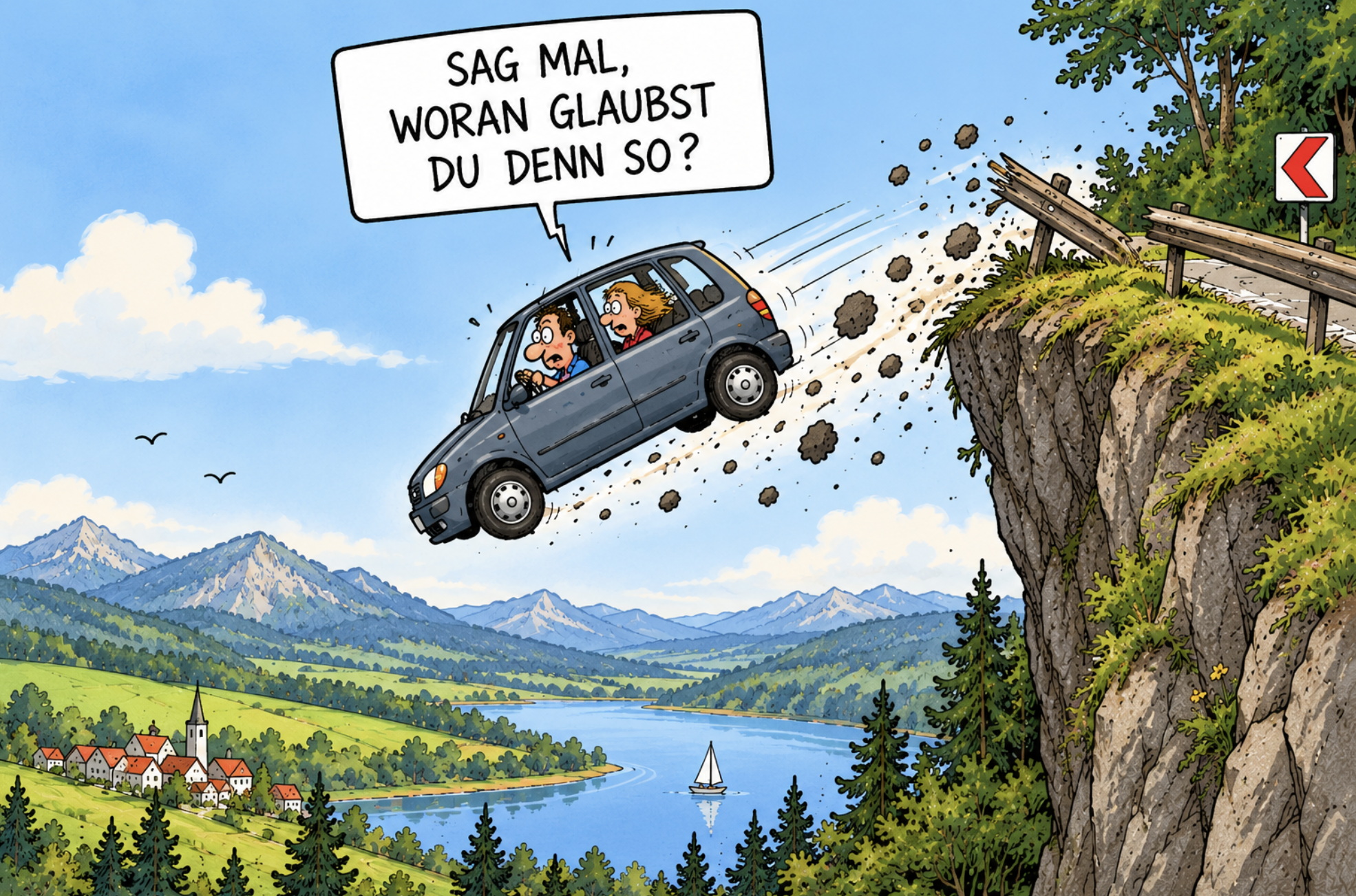 Ein Auto mit zwei erschrockenen Insassen fliegt von einer Klippe; eine Sprechblase fragt: „Woran glaubst du denn so?“